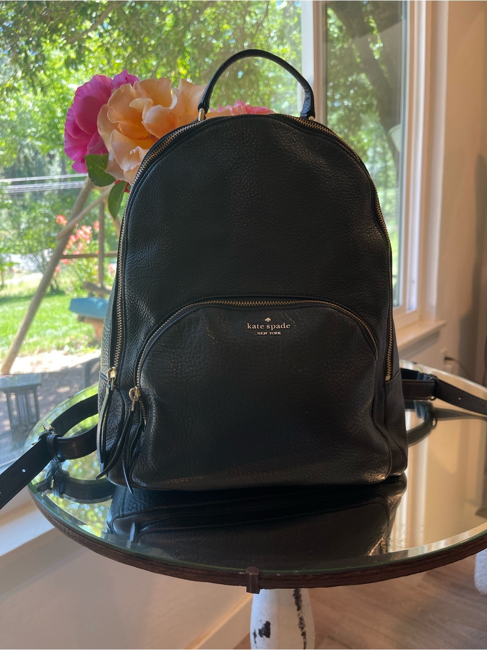 Kate Spade Black Pebbled Leather Backpack Gold Hardware Everyday Bag